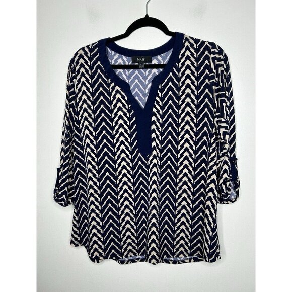 Naif Womens V Neck Navy Cream Stripes Shirt Blouse size Large - Picture 1 of 10
